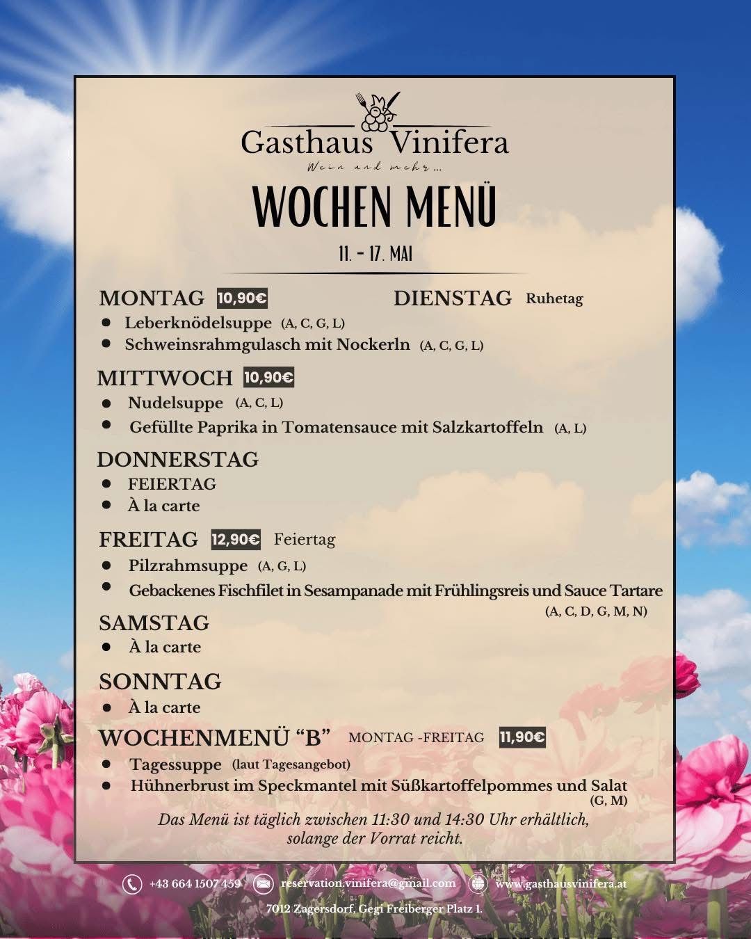 Wöchenliches Menü von Gasthaus Vinifera für die Woche vom 11. bis 17. Mai. Gerichte umfassen Leberknödelsuppe, Schweinerahmgulasch und mehr. Täglich von 11:30 bis 14:30 verfügbar.
