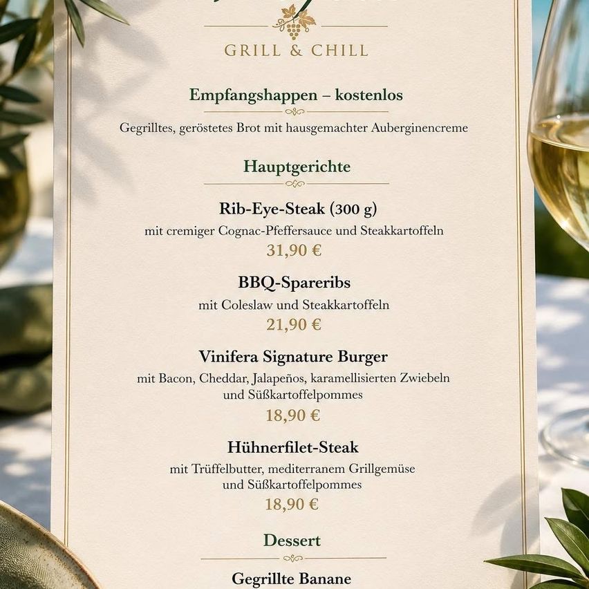 Ein Menü mit gegrillten Speisen, geröstetem Brot und hausgemachter Auberginencreme. Rib-Eye-Steak, BBQ-Spareribs, Signature-Burger und Hähnchenfilet-Steak-Optionen. Desserts beinhalten gegrillte Banane. Preise angegeben.