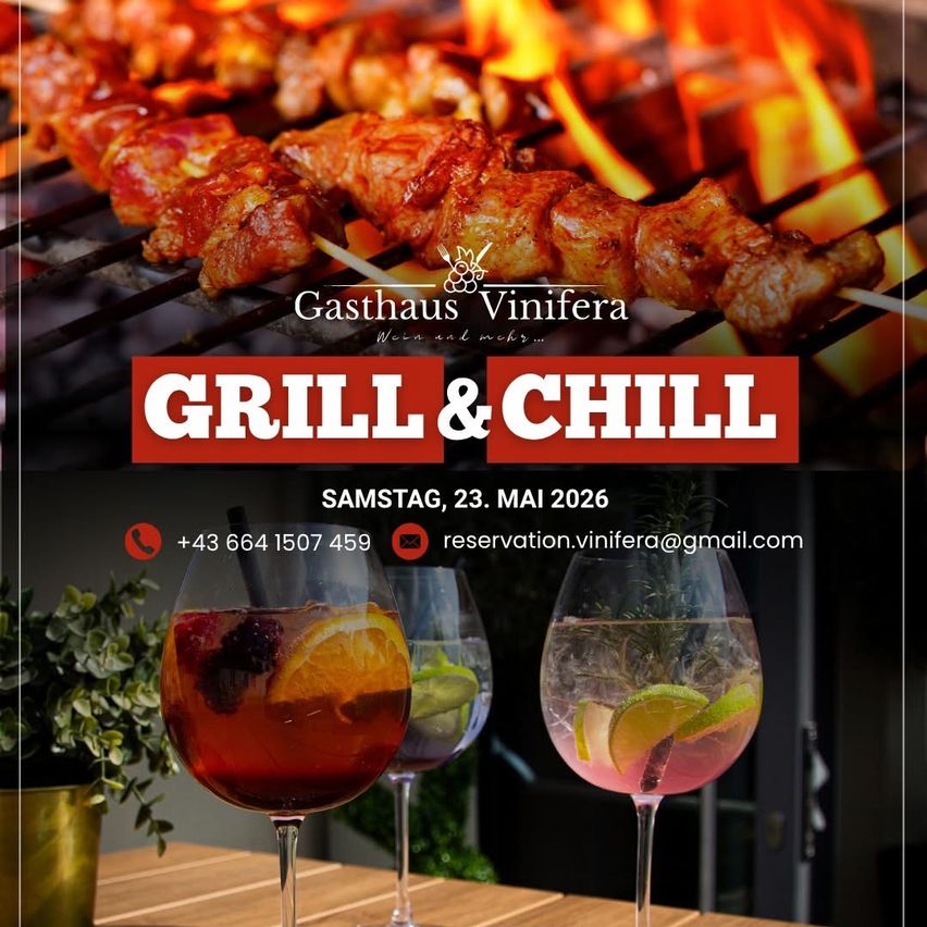 Grill-Veranstaltung im Gasthaus Vinifera am Samstag, 23. Mai 2026. Gegrilltes Fleisch auf einem Grill mit Feuer im Hintergrund. Getränke in Gläsern und eine Topfpflanze auf der linken Seite. Telefon und E-Mail für Reservierungen.