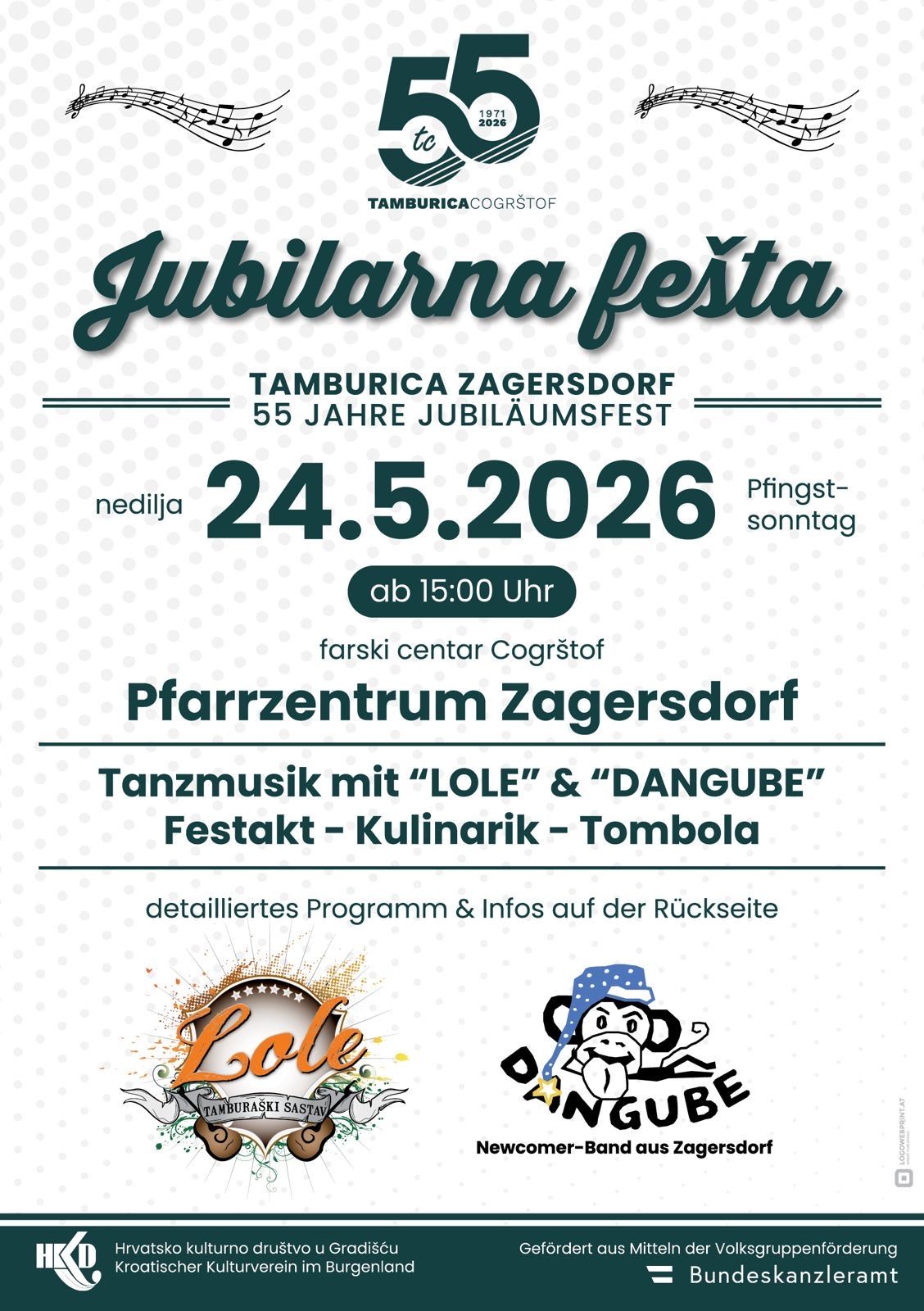 Jubilarna Festa-Plakat für Tamburica Zagersdorf, 55-jähriges Jubiläum. Veranstaltung am 24. Mai 2026, Beginn um 15:00 Uhr im Pfarrzentrum Zagersdorf. Tanzmusik mit LOLE und DANGUEBE. Inklusive Festakt, Kulinarik und Tombola. Detailliertes Programm und Infos auf der Rückseite.