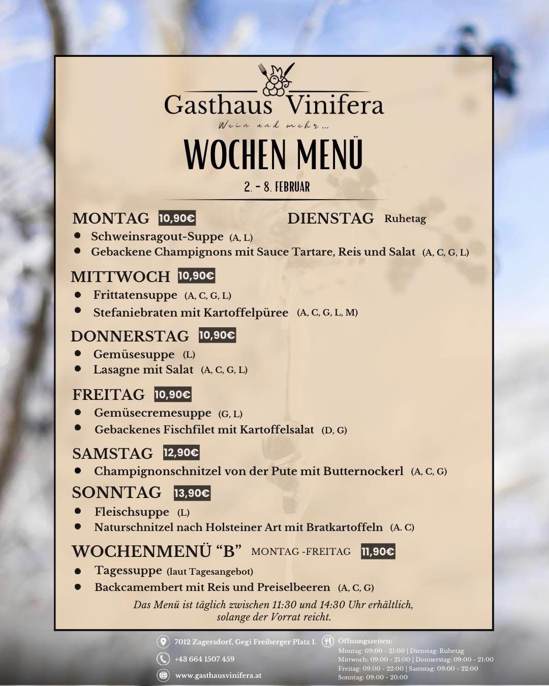 Wöchenliche Speisekarte im Gasthaus Vinifera vom 2. bis 8. Februar. Montag: Schweineragout-Suppe. Dienstag: Gebackene Champignons mit Sauce Tartare. Mittwoch: Fritattensuppe. Donnerstag: Gemüsesuppe. Freitag: Gebackenes Fischfilet. Samstag: Champignons. Sonntag: Fleischsuppe.
