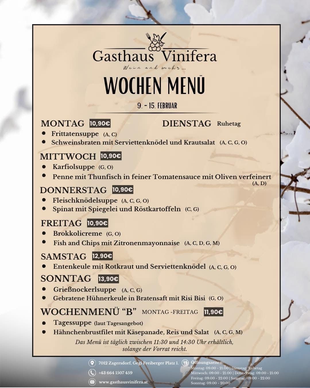 Wöchenliche Speisekarte für Gasthaus Vinifera vom 9. bis 15. Februar. Angebote umfassen Frittatensuppe, Karfiolsuppe, Fish and Chips und mehr. Täglich von 11:30 bis 14:30 Uhr erhältlich.