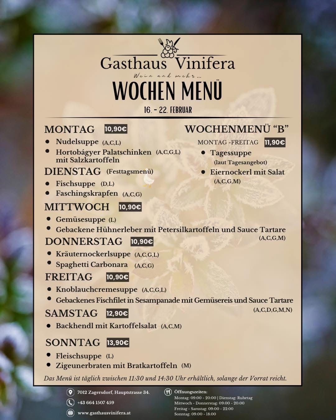 Wochenmenü vom 16. bis 22. Februar im Gasthaus Vinifera. Montag: 10,90€. Dienstag: 10,90€ (Festtagsmenü). Mittwoch: 10,90€. Donnerstag: 10,90€. Freitag: 10,90€. Samstag: 12,90€. Sonntag: 13,90€. Das Menü variiert täglich.