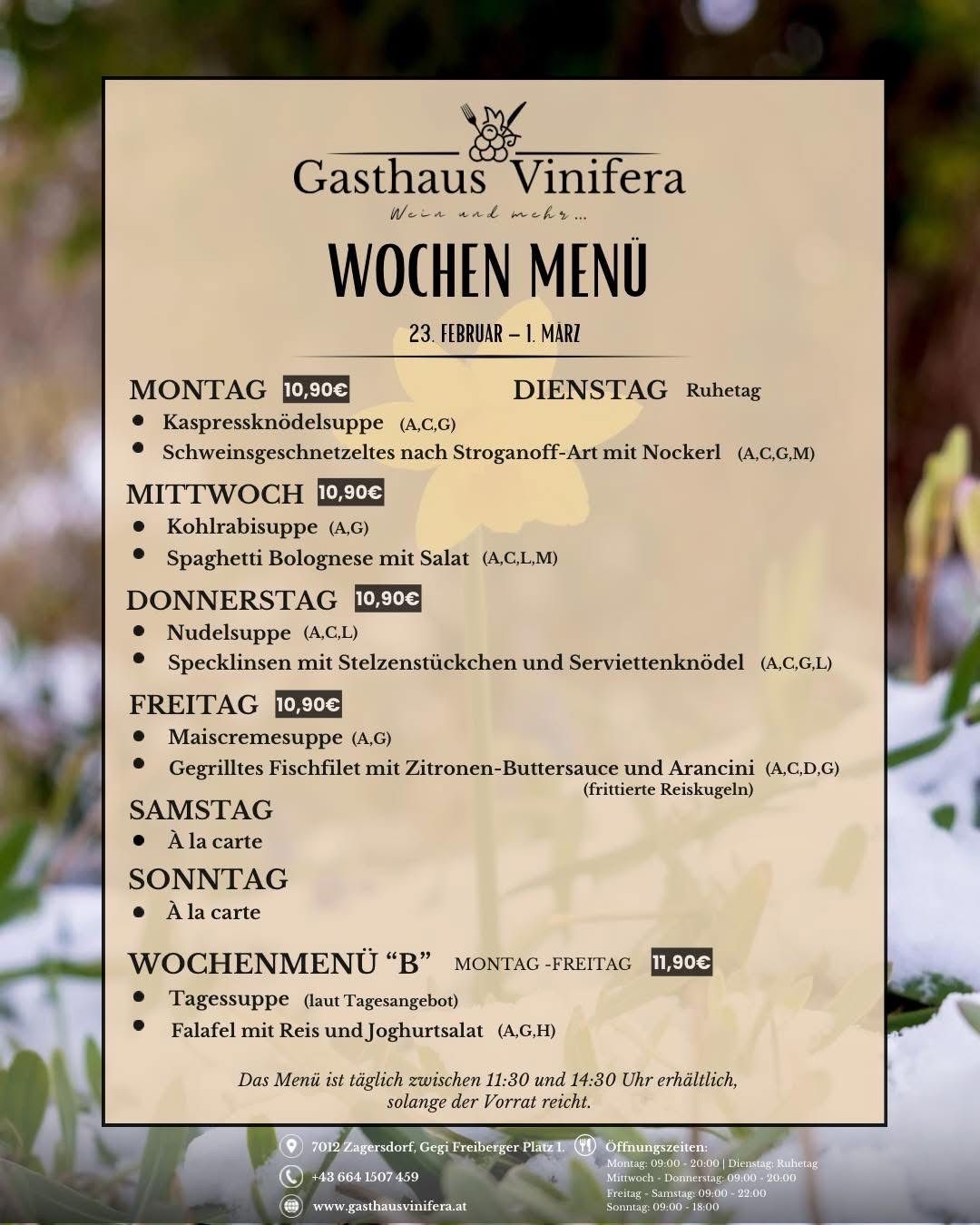 Wöchenliches Menü von Gasthaus Vinifera, 23. Februar - 1. März. Montag: 10,90€, Dienstag: Ruhetag, Mittwoch: 10,90€, Donnerstag: 10,90€, Freitag: 10,90€, Samstag: A la carte, Sonntag: A la carte. Menü B: 11,90€. Täglich von 11:30 bis 14:30 Uhr erhältlich.