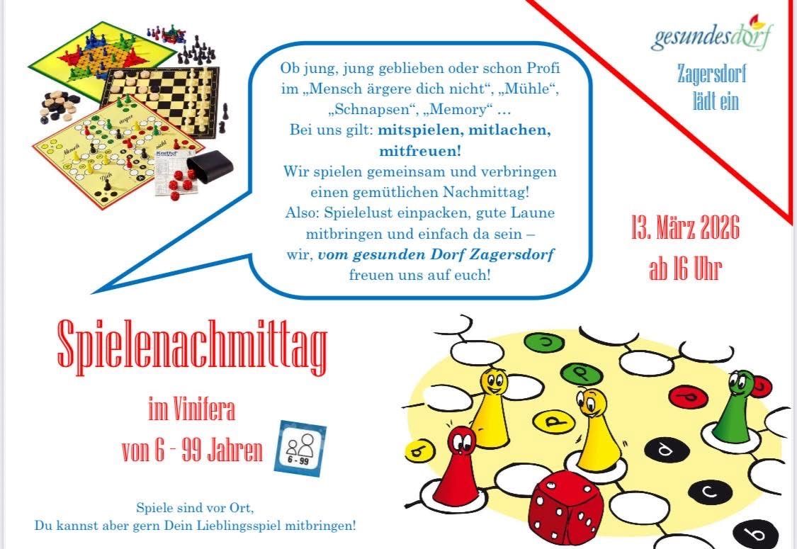 Das Bild zeigt ein Plakat für eine Spielenacht-Veranstaltung. Es enthält verschiedene Brettspiele, Würfel und Spielfiguren. Der Text lädt ein, gemeinsam einen angenehmen Nachmittag mit Spielen zu verbringen.