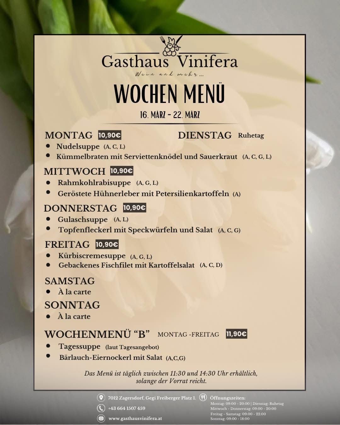 Wöchenliches Menü für Gasthaus Vinifera vom 16. bis 22. März. Es bietet eine Vielzahl von Gerichten für jeden Tag, einschließlich Nudelsuppe, gerösteter Hühnerleber und A-la-carte-Optionen an den Wochenenden.