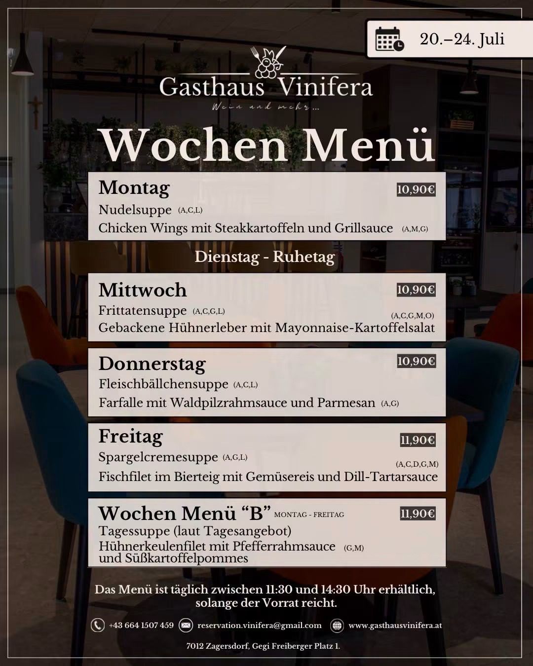 Wöchenliches Menü für Gasthaus Vinifera mit Gerichten wie Nudelsuppe, Hähnchenflügel und Fischfilets. Täglich von 11:30 bis 14:30 Uhr erhältlich.