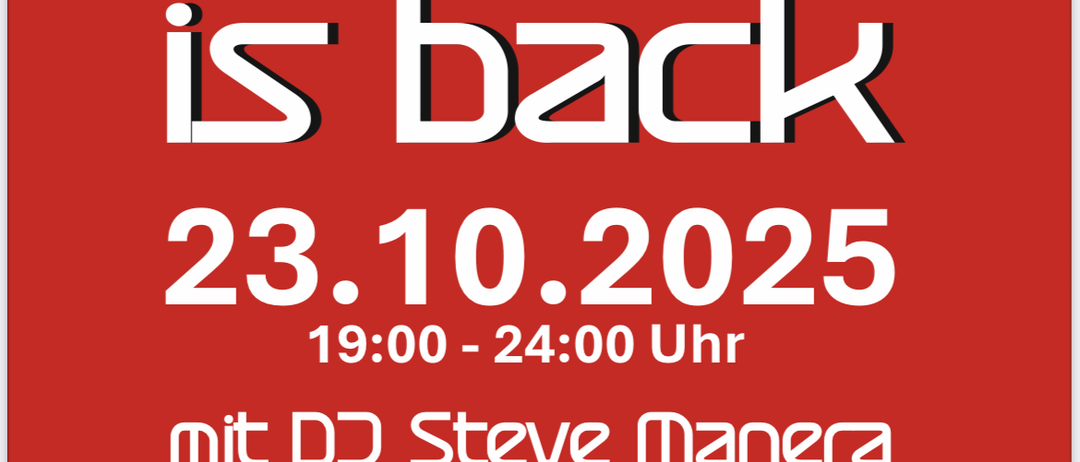 Eine Werbung für die Donnerstag-Veranstaltung von Harlekin am 23. Oktober 2025 mit DJ Steve Manera. Sie läuft von 19:00 bis 24:00 Uhr und beinhaltet Sponsoren wie Campari, Flurauer und HURTER Getränke.