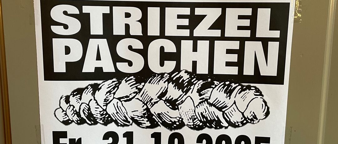 Plakat für Cafe Harlekin. Veranstaltung Striezeln Paschen am Fr. 31.10.2025. Beginn: 18 Uhr. Ort: 2130 Mistelbach, Bahnstraße 5. Tel: 02572/2712.