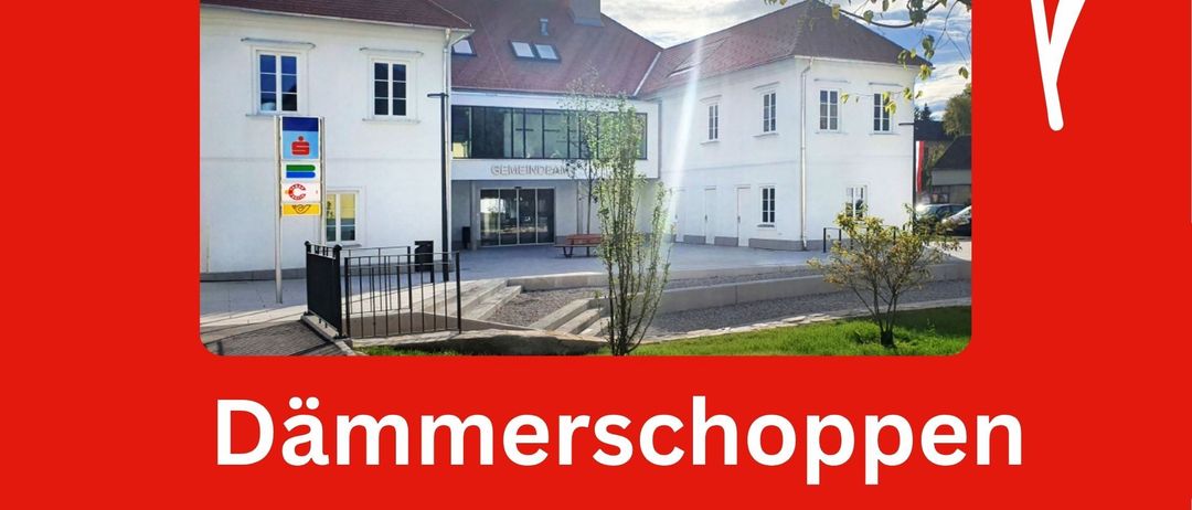 Plakat für eine Gemeinschaftsveranstaltung am 1. Mai. Es zeigt ein weißes Gebäude, einen Garten und erwähnt 'Dämmerschoppen', Essen, Trinken und Musik.