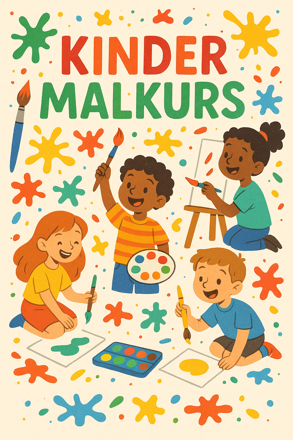 Illustration von Kindern beim Malen mit verschiedenen Pinseln und Farbspritzern um sie herum. Der Titel 'MALKURS' ist prominent angezeigt.
