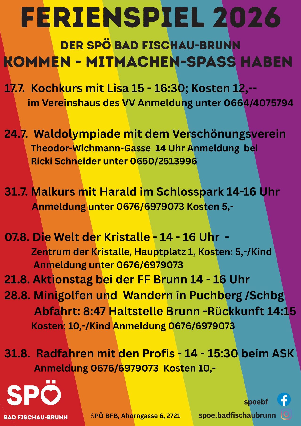 Veranstaltungskalender mit verschiedenen Aktivitäten, einschließlich eines Kochkurses mit Lisa am 17. Juli, einer Waldolympiade am 24. Juli, einem Spaziergang mit Harald am 31. Juli und mehr. Anmelde- und Kosteninformationen vorhanden.