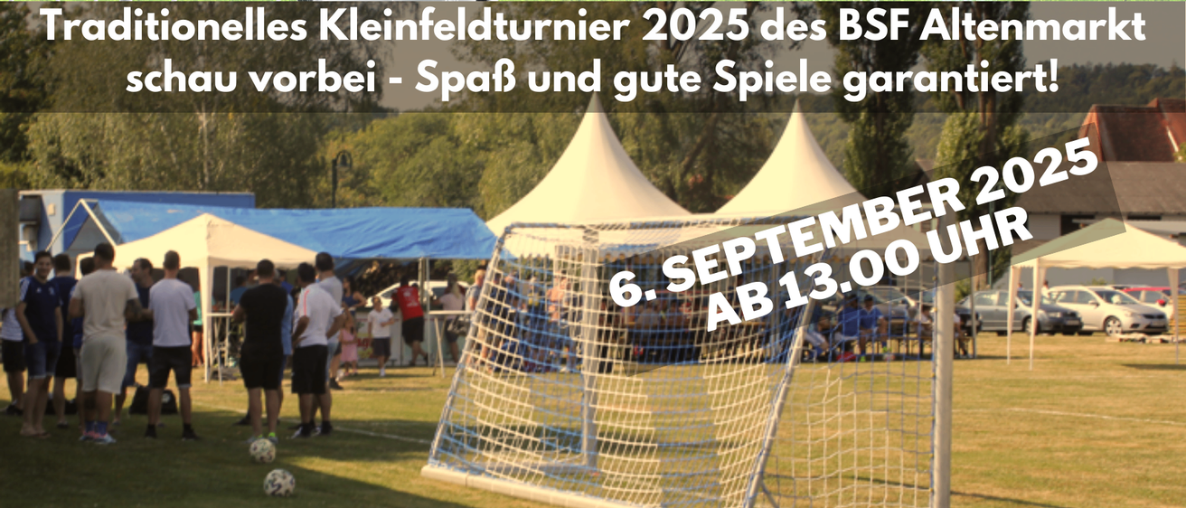 Plakat für ein Fußballturnier. Es zeigt einen Fußball in einem Netz mit Text auf dem Plakat über das Turnier und das Datum.