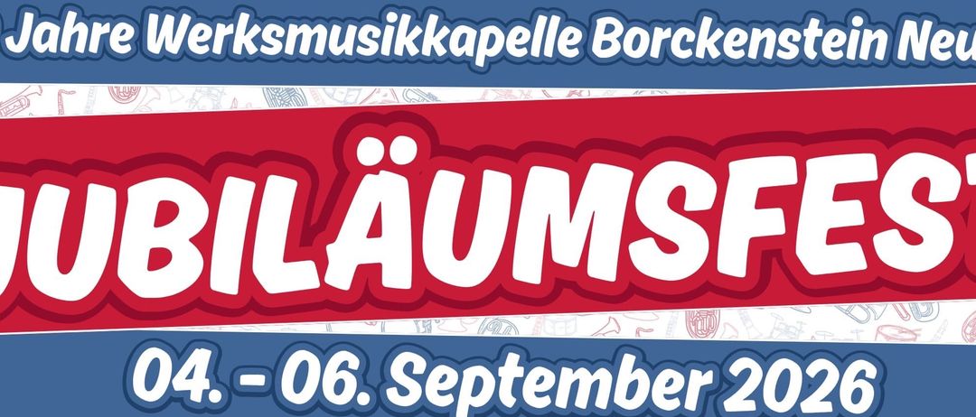 Plakat für das Jubiläumsfest vom 4. bis 6. September 2026. Es zeigt einen Zeitplan von Veranstaltungen, einschließlich eines Musikfestivals, Gastkonzerten und einer hohen Messe. Das Plakat hat ein rotes und blaues Farbschema mit Musikinstrumenten und Text auf Deutsch.