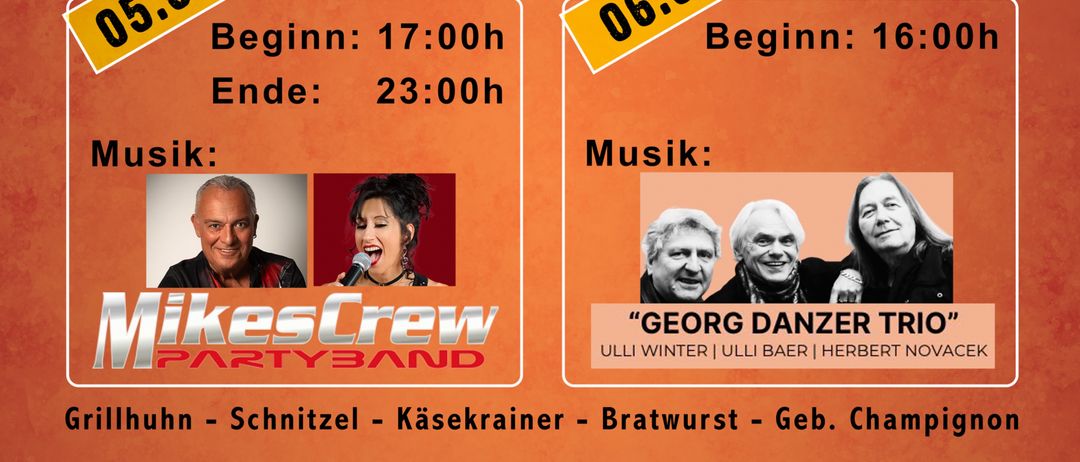 Eine Werbung für ein Musikevent der Freiwilligen Feuerwehr Blumauer am 5. und 6. September 2026 mit MikesCrew Partyband und Georg Danzer Trio. Das Event beinhaltet gegrilltes Essen und Getränke.