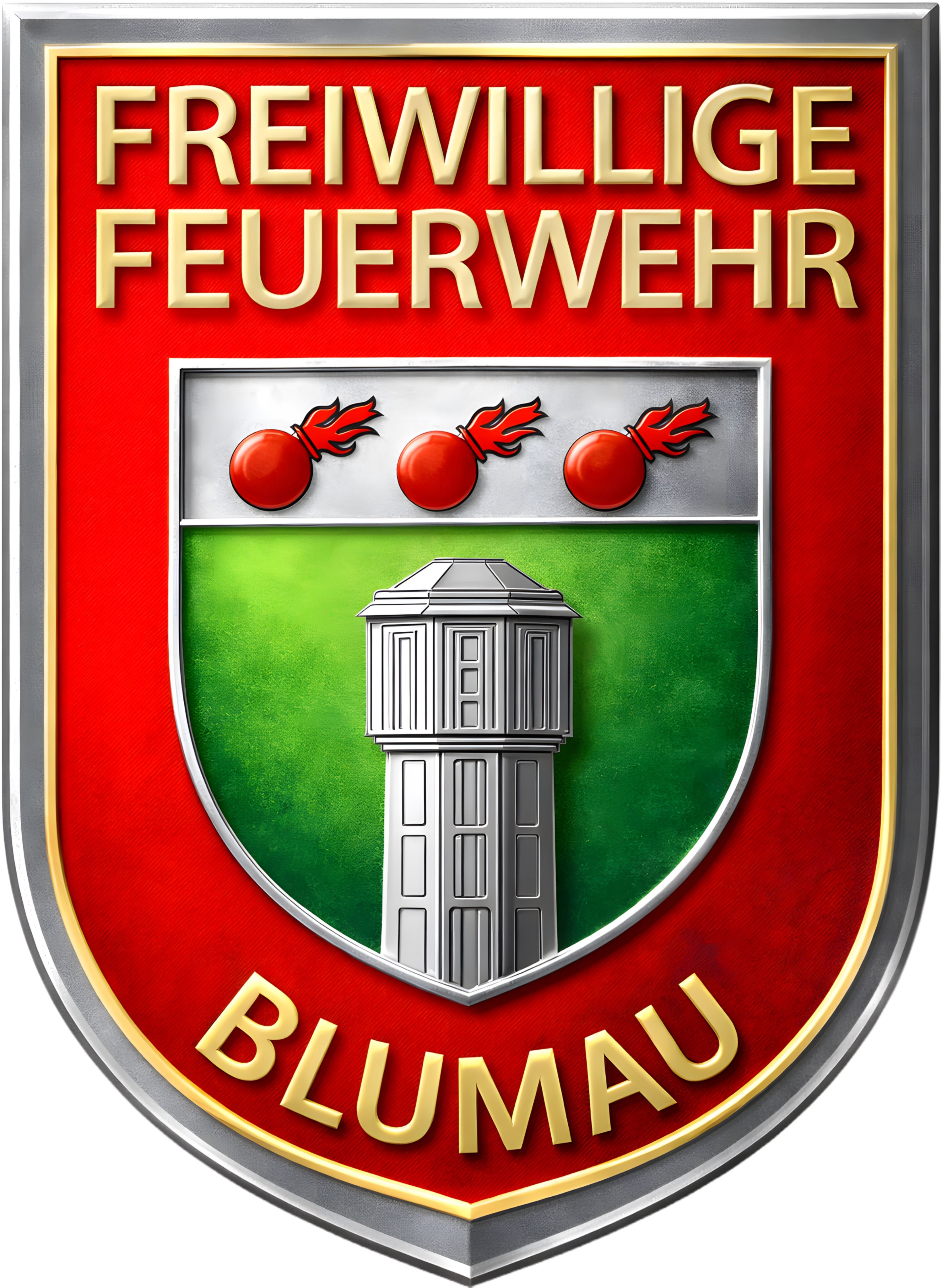 Das Wappen der Feuerwehr Blumauer zeigt einen roten Schild mit goldenen Rändern, in dessen Mitte sich ein Wasserturm befindet. Darüber sind drei rote Feuerbomben zu sehen. Die Worte 'Feuerwehr Blumauer' sind in Gold oben geschrieben.