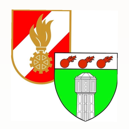Zwei heraldische Wappen nebeneinander. Links ein rot-weißer Hintergrund mit Zahnrad und Flamme. Rechts ein grüner Hintergrund mit turmartiger Struktur.