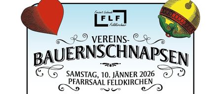 Ein Plakat für die Vereinsbauernschnapsen-Veranstaltung am Samstag, 10. Januar 2026 im Pfarrsaal Feldkirchen. Vier Frauen sitzen an einem Tisch, gekleidet in traditioneller Kleidung und spielen Karten.