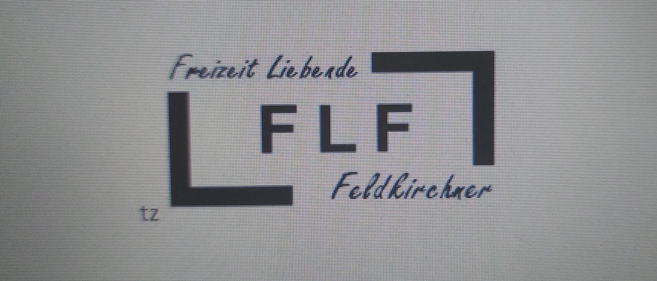 Ein weißer Hintergrund mit einem Logo für 'Freizeit Liebende' in blauem Text, mit 'FLF' in einem stilisierten Quadratformat und 'Feldkirchener' darunter in einer kleineren Schrift.