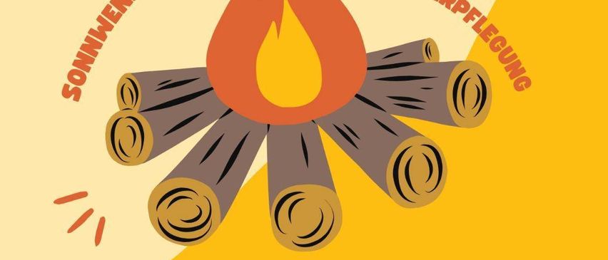 Plakat der Pfadfindergruppe Ernstbrunn mit einem Lagerfeuer, Text 'Sonntagabendfeuer' und 'Verpflegung'. Datum: Samstag, 21. Juni 2025. Beginn: 19 Uhr. Ort: Pfadwiese, Korneburgerstraße, Ernstbrunn.