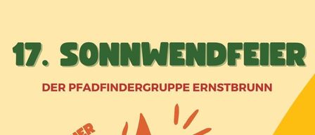 Ein Veranstaltungsposter der Pfadfindergruppe Ernstbrunn zeigt eine Illustration eines Lagerfeuers. Der Text lautet 'Samstag, 20. Juni 2026, Beginn 19 Uhr', mit dem Ort 'Pfadfinderwiese, Korneuburgerstraße, Ernstbrunn'.