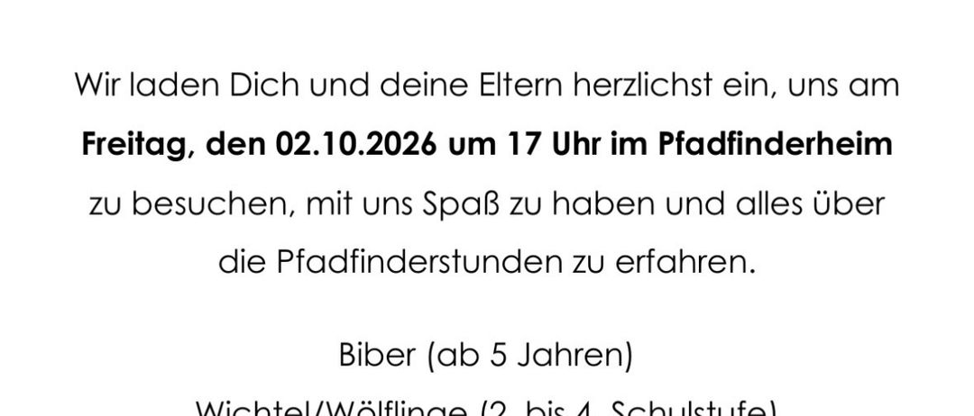 Eine Einladung von der Pfadfindergruppe Ernstbrunn für ein neues Pfadfinderjahr, die Kinder und ihre Eltern einlädt, sich am 2. Oktober 2026 um 17 Uhr im Pfadfinderheim zu einem spaßigen Tag voller Pfadfinderaktivitäten zu treffen.