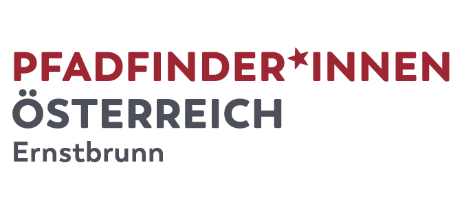 Das Bild zeigt das Logo von 'PFADFINDER*INNEN OESTERREICH Ernstbrunn'. Das Logo zeigt eine stilisierte Figur und Text in Rot, Grau und Weiß. Es ist vor einem schwarzen Hintergrund platziert.