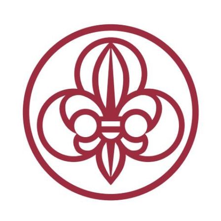 Ein rotes Fleur-de-Lis-Logo, symmetrisch mit drei Blütenblättern und einem Stiel gestaltet, zentriert in einem Kreis auf weißem Hintergrund.