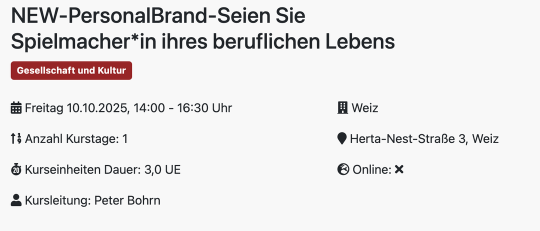 Das Bild zeigt einen Text über eine Marke, ein Datum, Zeit und Ort, mit Symbolen für Kalender, Standort, Online-Status und Twitter.