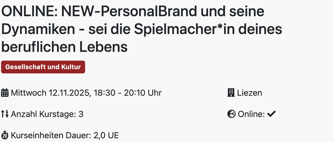Ein Banner bewirbt eine persönliche Markenveranstaltung am 11. November 2025 von 18:30 bis 20:10 Uhr. Die Veranstaltung trägt den Titel 'NEW-PersonalBrand'. Die Veranstaltung ist online und dauert 2 Stunden. Der Organisator ist Peter Bohrn.