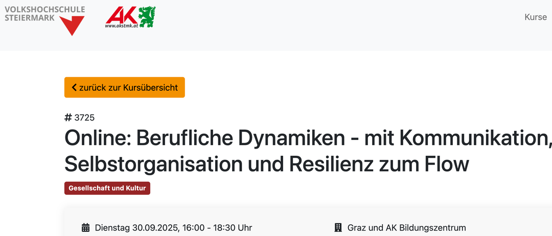 Ein Bild zur Kursübersicht für einen Kurs über berufliche Dynamiken. Es werden Datum, Zeit, Ort und Kursleiter erwähnt. Der Kurs ist für Erwachsene, nicht für Kinder, und er ist online.