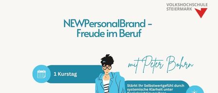 Ein Infografik für einen eintägigen Workshop mit dem Titel 'NEW Personal Brand - Freude im Beruf' von Peter Bohren. Es zeigt einen Mann in einem blauen Jackett und Brille, Symbole für Kalender, Uhr und Geld und Text über die Vorteile des Workshops.