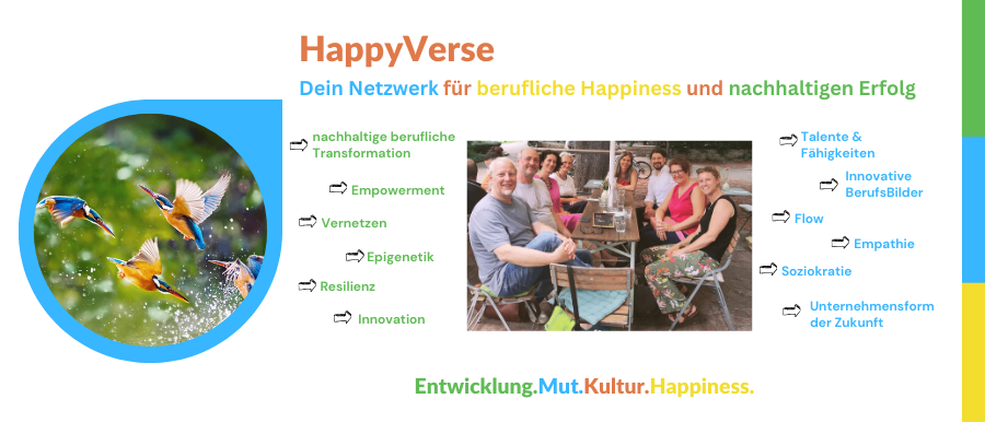 Das Bild zeigt das Logo des HappyVerse-Netzwerks und ein Gruppenfoto von Menschen, die an einem Tisch sitzen. Das HappyVerse-Netzwerk konzentriert sich auf berufliches Glück und nachhaltigen Erfolg, mit Werten wie Empowerment, Vernetzen und Innovation.