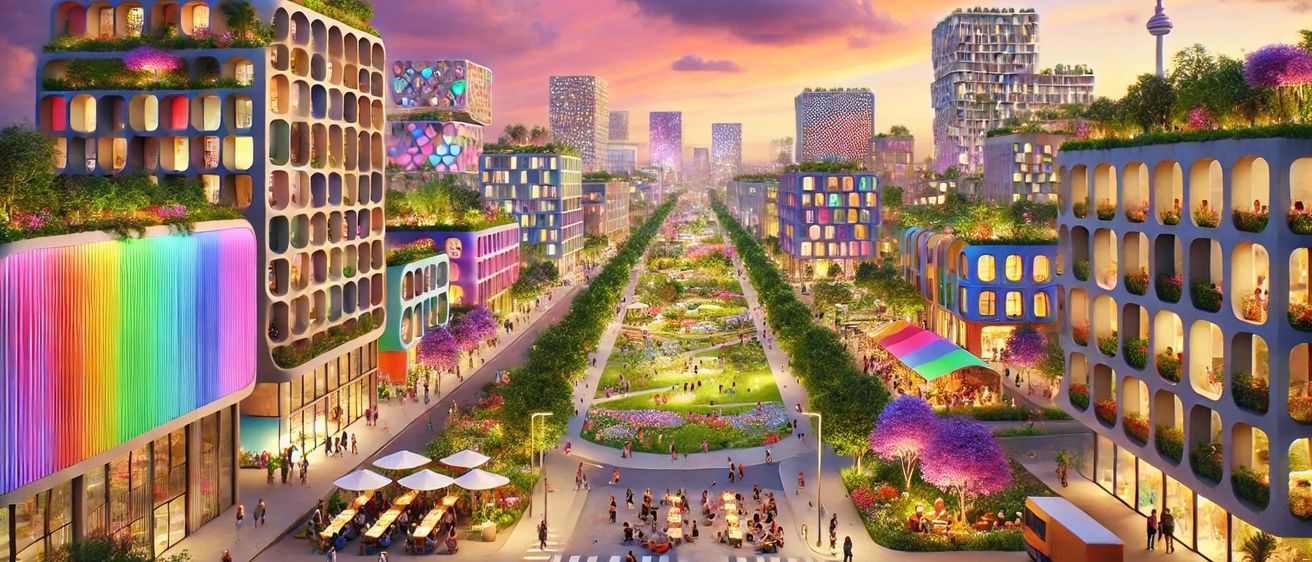 Eine Vogelperspektive einer futuristischen Stadt mit farbenfrohen Gebäuden, einem zentralen Park und einer breiten Allee mit Menschen und Geschäften.