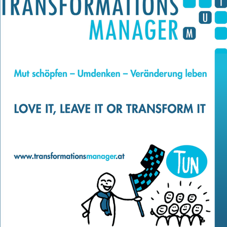Werbeposter für Transformations Manager mit dem Slogan 'LIEBE ES, LASS ES ODER VERWANDELE ES', mit der Website-URL www.transformationsmanager.at.