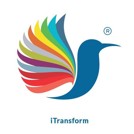 iTransform-Logo mit einem blauen Vogel, der einen regenbogenfarbenen Flügel mit einem R-Symbol aufweist.