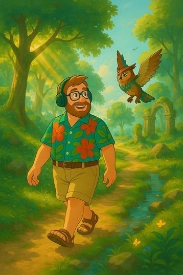 A man in a floral shirt walks through a forest path with a bird flying overhead.