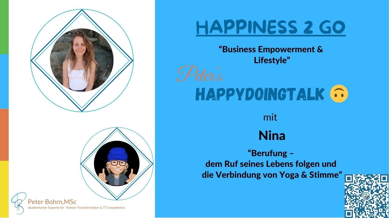 Poster mit blauem Hintergrund mit 'GLÜCK'. Porträts von Peter und Nina, beide lächelnd, auf der linken Seite. Der Text lautet 'Business Empowerment Lifestyle' und 'mit Nina'. Darunter steht 'Berufung - dem Ruf seines Lebens die Verbindung von Yoga'.