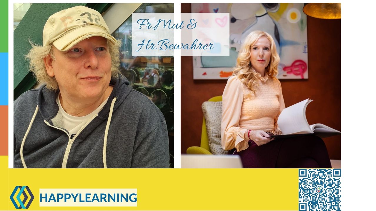 Two people, one with a cap and gray hoodie, the other with blonde curls in a pink blouse, both smiling. Behind them, a blurry background with 'Fr.Nut & Hr.Bewahrer' text.
