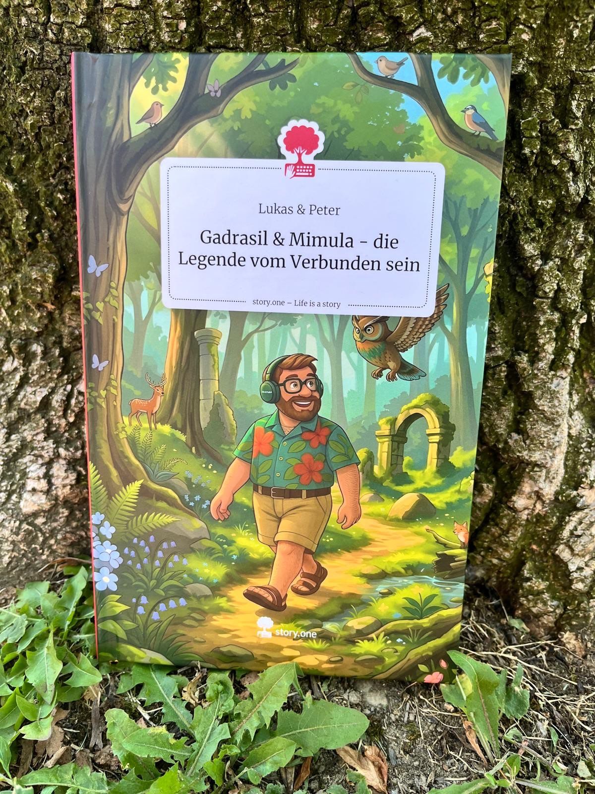 A book cover with a man walking in a forest, surrounded by animals and plants. The title is Gadrasil & Mimula.