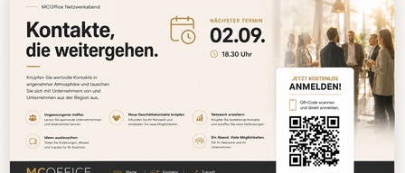 Ein Bild zeigt eine Webseite mit einem Kalendersymbol und dem Datum 02.09. Die Webseite enthält einen QR-Code und Text über Networking und Geschäftsmöglichkeiten. Es zeigt Symbole für neue Kontakte, Netzwerk und Zukunftsplanung.