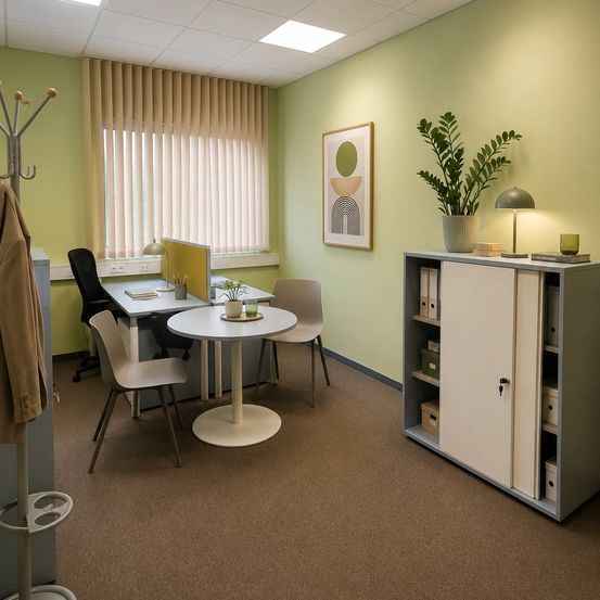 Ein Büro mit grünen Wänden, einem runden Tisch und Stühlen. Ein Schreibtisch mit Lampe, Pflanzen und Büchern. Ein Schrank mit Regalen und ein Kleiderständer mit einem Mantel.