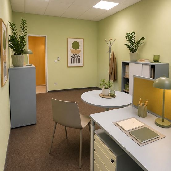 Ein kleiner, moderner Büroraum mit grünen Wänden, einem runden Tisch, einem Stuhl und einem Schreibtisch mit Lampe, Notizbuch und Bleistiften. Es gibt einen Kleiderständer, einen Bilderrahmen und einen Schrank mit Büchern.