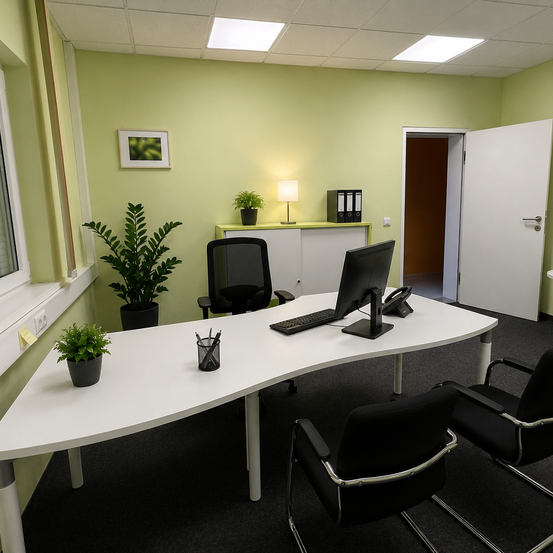 Ein leeres Büro mit einem großen weißen Schreibtisch, zwei schwarzen Stühlen und einem gelben Tresen mit Lampe, Topfpflanzen und einem Computermonitor. Der Raum hat ein Fenster und eine weiße Tür.