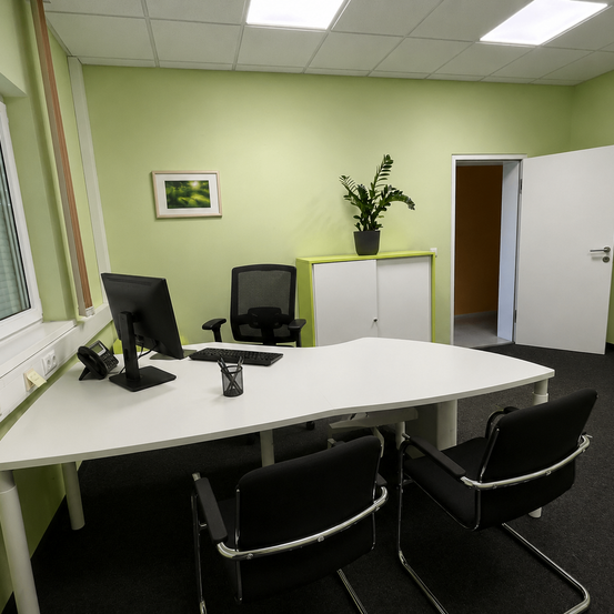 Ein leerer Büroraum mit Schreibtisch, Stühlen, Monitor und Topfpflanze. Der Raum hat grüne Wände und eine weiße Decke mit Lichtern.