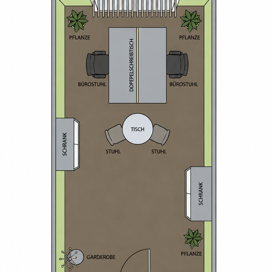 Das Diagramm zeigt ein Raumlayout mit Bürostühlen, einem Tisch und einem Schreibtisch. Es gibt Pflanzen und Schränke auf beiden Seiten des Raumes.