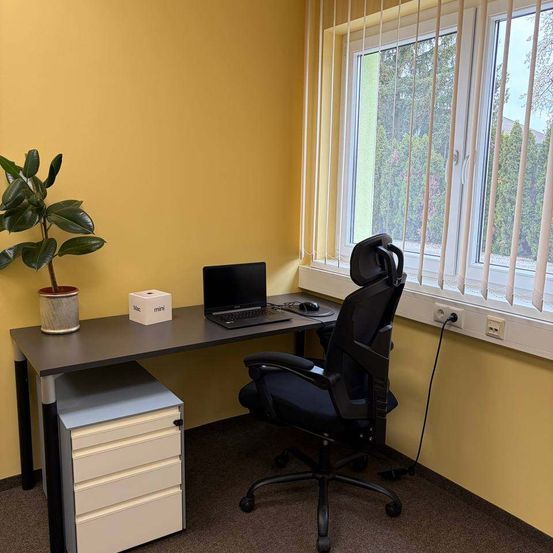 Ein Büroschreibtisch mit Laptop, Maus und kleiner Topfpflanze. Der Schreibtisch ist gelb, und es gibt einen schwarzen Stuhl und weiße Schubladen. Ein Fenster mit Jalousien befindet sich an der Wand.