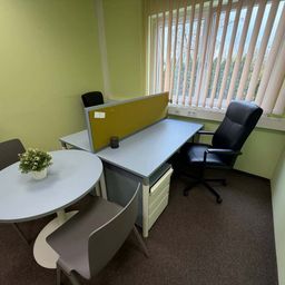Ein leeres Büro mit einem Schreibtisch, einem runden Tisch und zwei Stühlen. Ein kleiner Topf mit Pflanzen steht auf dem Tisch. Der Raum hat eine grüne Wand, ein Fenster mit Jalousien und einen Teppichboden.