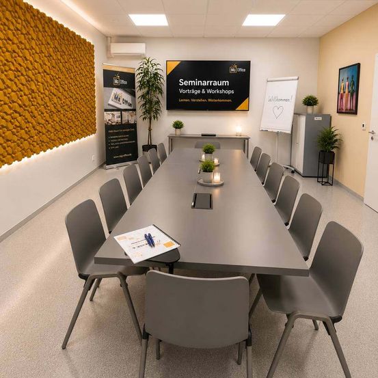 Ein Seminarraum mit grauen Stühlen um einen langen Tisch herum. Es gibt Bücher und Stifte auf dem Tisch. Ein Monitor zeigt 'Seminarraum Vorträge & Workshops' an. Eine weiße Wand ist hinter dem Tisch.