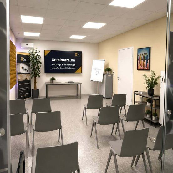 Ein Seminarraum mit Stühlen, einer Tafel, einem Tisch und einer Topfpflanze. An der Wand befindet sich eine Tafel mit der Aufschrift 'Seminarraum'.